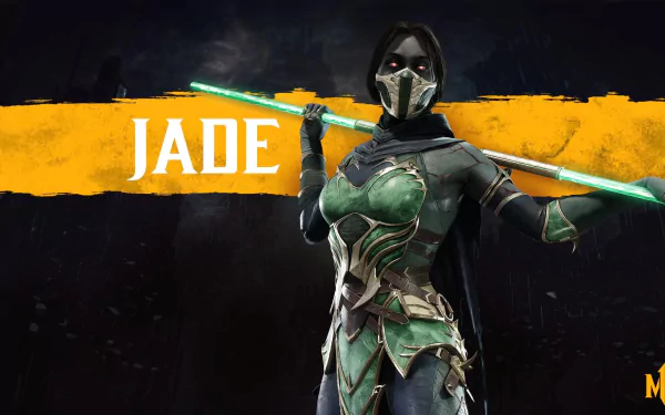 HD PC desktop wallpaper featuring Jade from the video game Mortal Kombat 11, showcasing her in combat gear with glowing green weapons against a dark background.