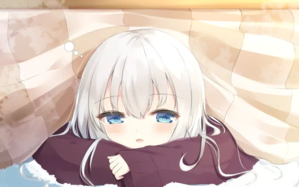 Anime-style original character with white hair and blue eyes resting under a beige blanket, featured as an HD PC desktop wallpaper.
