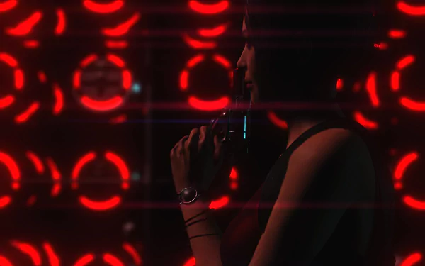 HD PC desktop wallpaper featuring Ada Wong from the video game Resident Evil 2 (2019), shown in silhouette against a vibrant red circular light background.