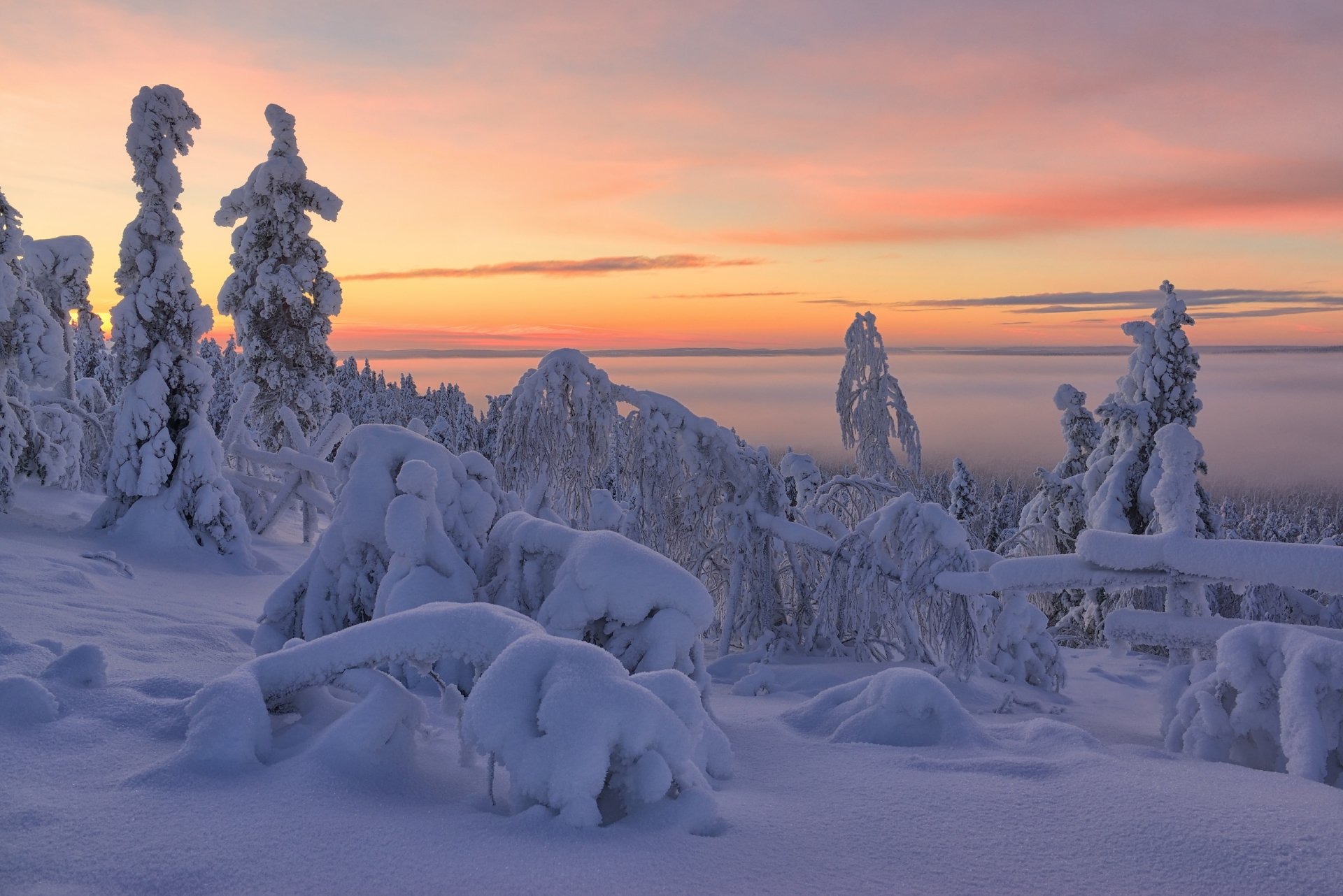 Download Sunrise Sky Snow Fog Landscape Nature Winter HD Wallpaper