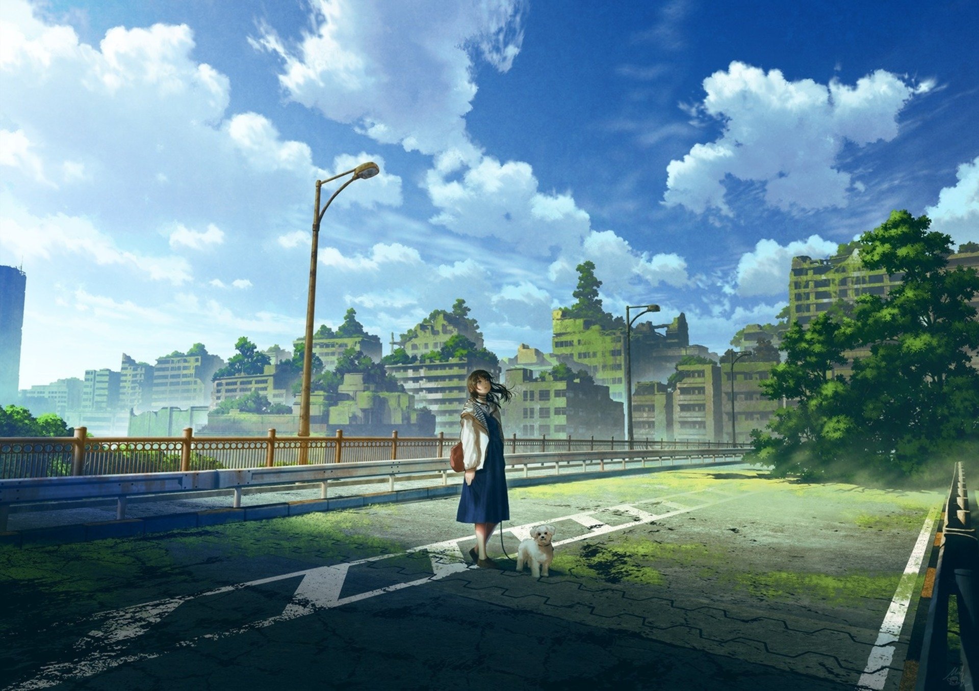 An HD anime wallpaper featuring a serene city ruin with overgrown greenery, a girl, and a dog. The sky is bright with scattered clouds, creating a peaceful yet melancholic atmosphere.