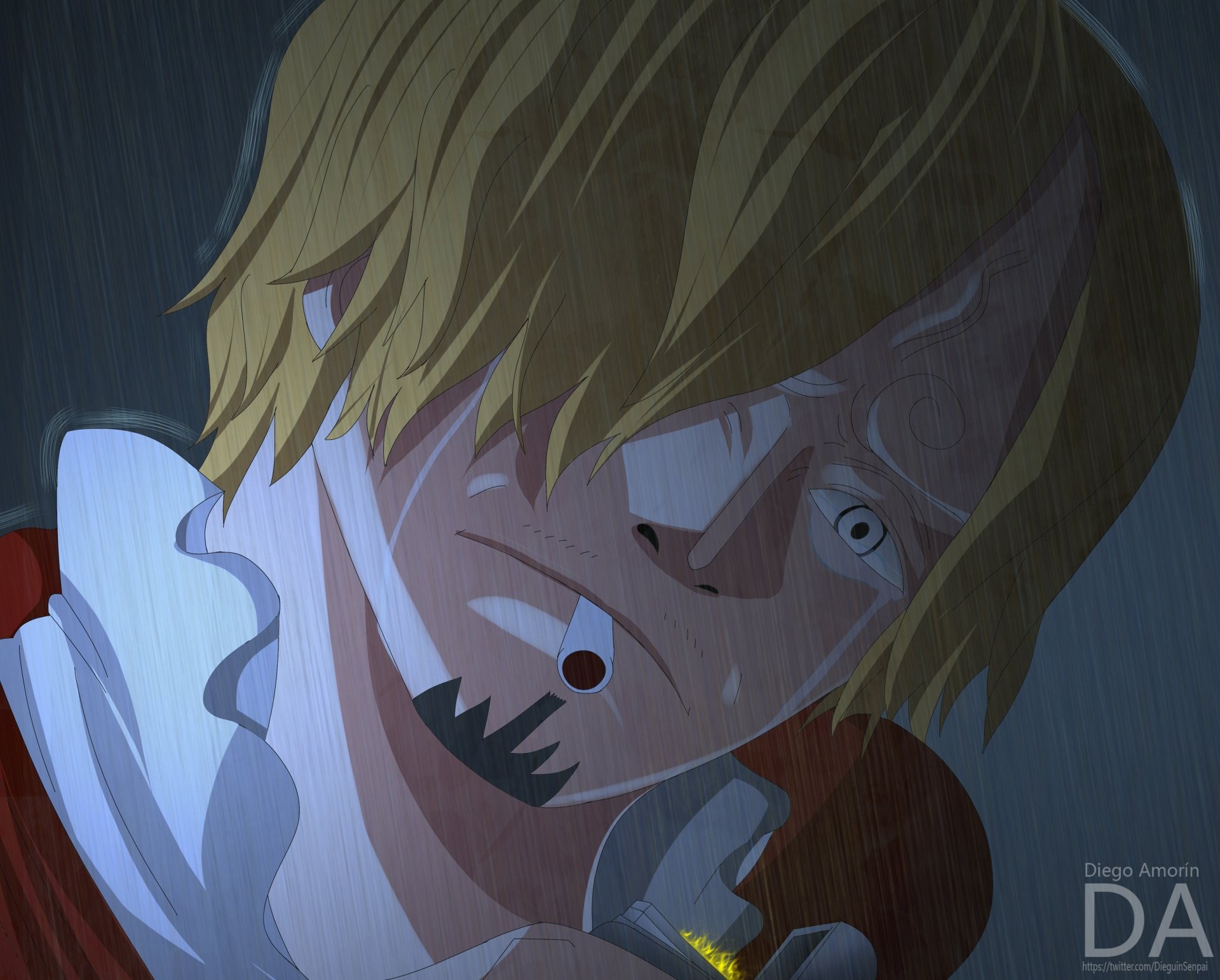 Close-up of Sanji (One Piece) in rain with a pained expression and glowing cigarette ember, dramatic shadows — 4K Ultra HD anime PC desktop wallpaper and background.
