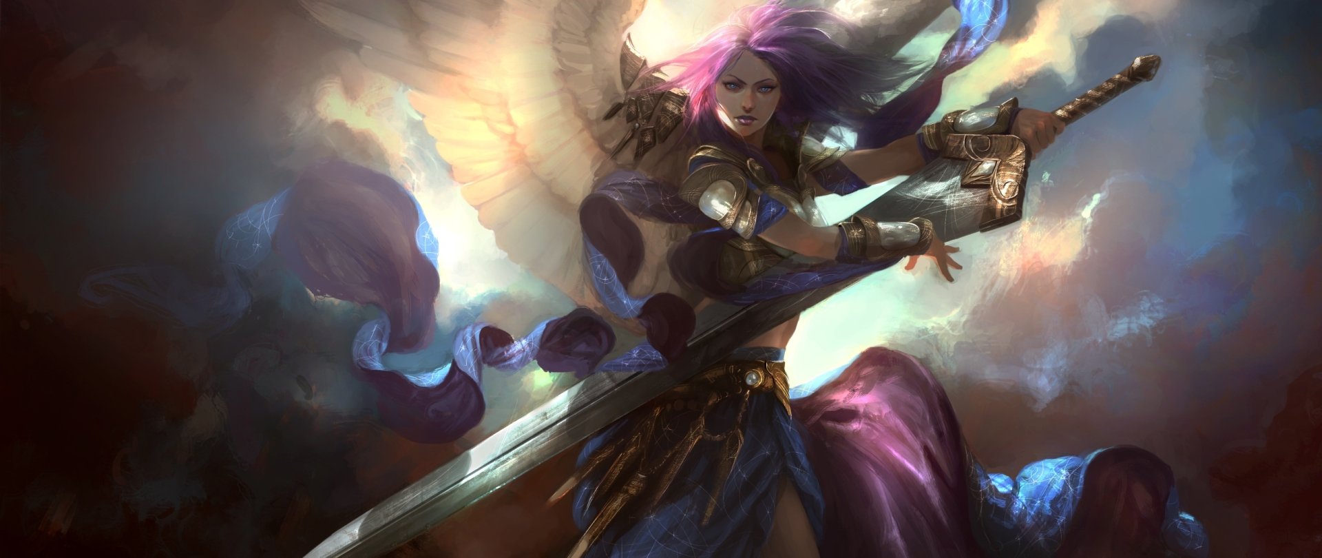 HD fantasy desktop wallpaper of an angel warrior with flowing purple hair wielding a sword, surrounded by glowing wings and ethereal light.