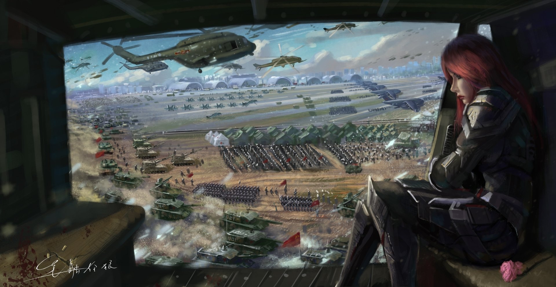 Artistic military HD PC desktop wallpaper: armored figure sits in an aircraft looking over a vast airbase with helicopters, tanks and rows of troops.
