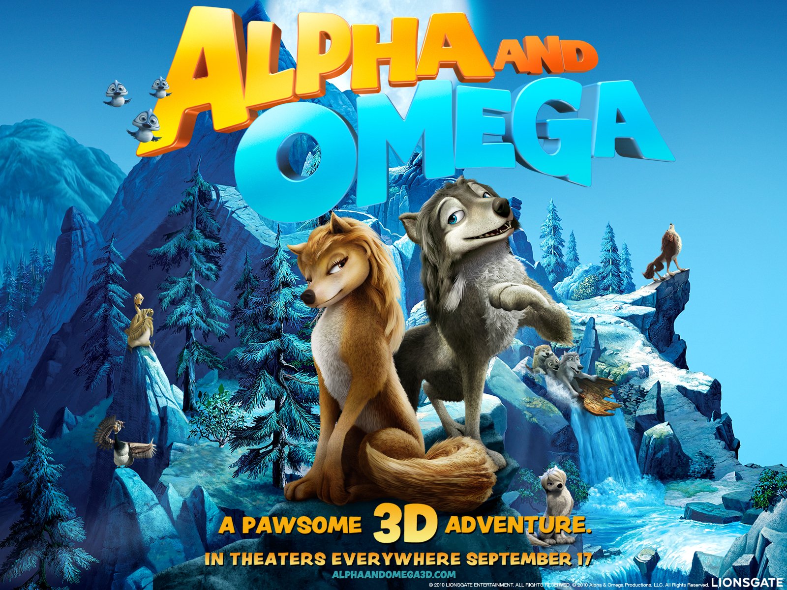 HD PC desktop wallpaper from the movie Alpha and Omega, featuring the two main animated wolf characters against a mountainous landscape with the title in bold letters.