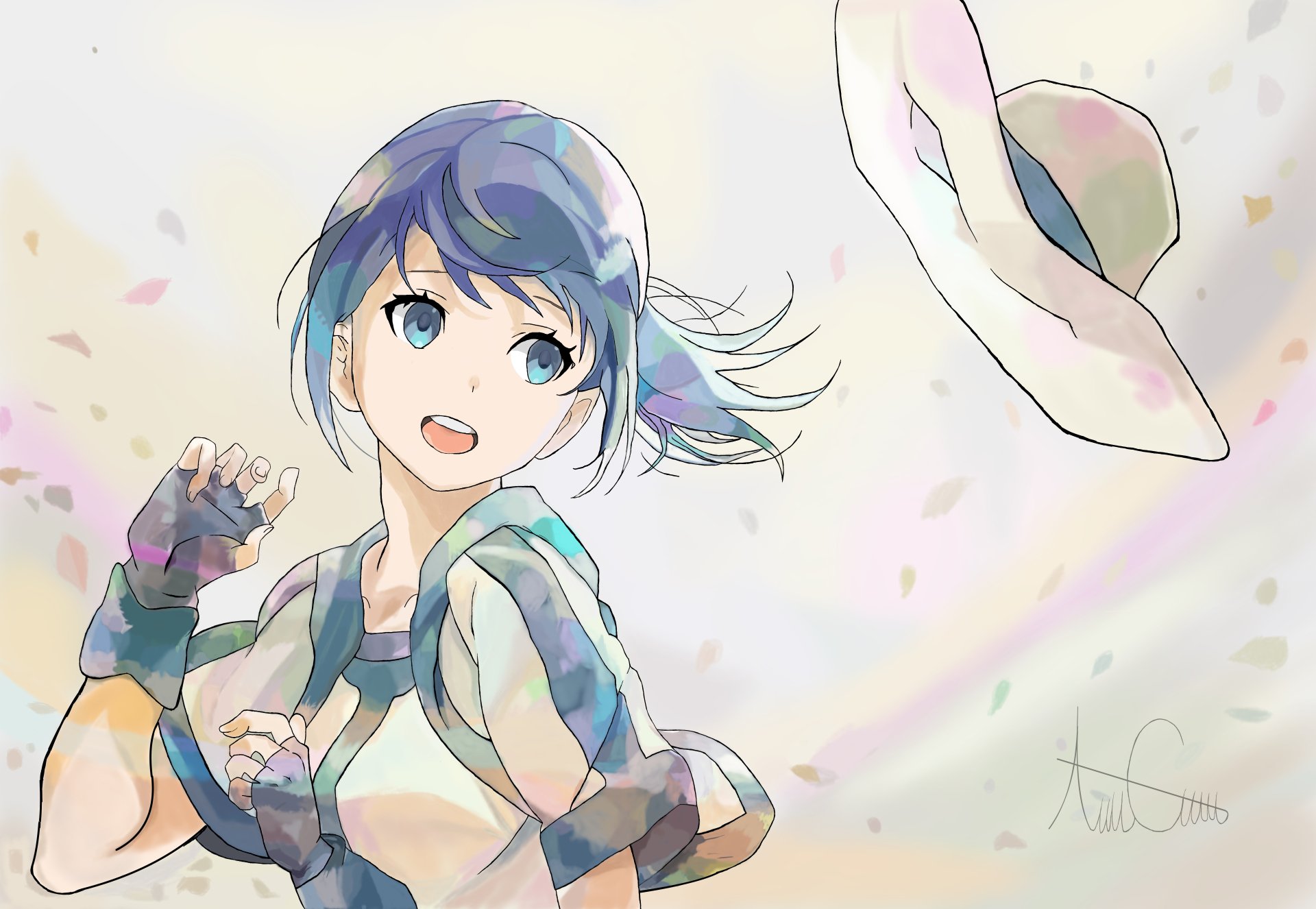 An HD desktop wallpaper featuring Mary from Grimgar of Fantasy and Ash. The anime character is depicted with short blue hair, looking joyful as her hat is blown away by the wind with fluttering petals around.