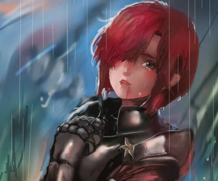 HD PC desktop wallpaper featuring Liz from the anime The Seven Deadly Sins, depicted with red hair and a dark outfit against a rainy, moody background.