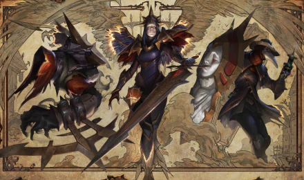 HD desktop wallpaper featuring Singed, Nocturne, and Kayle from the video game League of Legends, set against an intricate, ornate background.