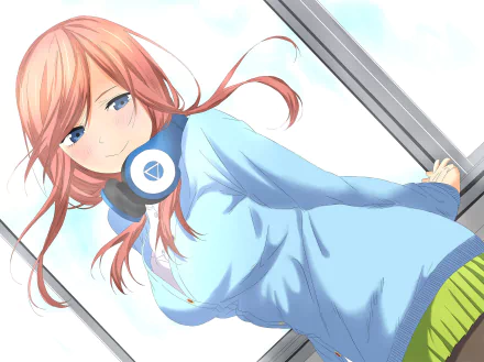 HD desktop wallpaper of Miku Nakano from the anime The Quintessential Quintuplets. She is smiling and wearing headphones and a light blue sweater, with a bright background.