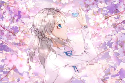 Anime-style HD desktop wallpaper featuring a girl with silver hair surrounded by blooming sakura cherry blossoms in spring, capturing a delicate and serene atmosphere.
