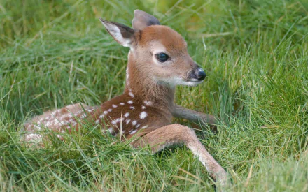 HD desktop wallpaper of a cute fawn resting in lush green grass, showcasing the gentle beauty of a young deer in its natural environment.