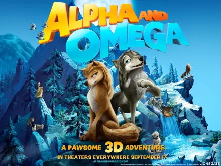 HD PC desktop wallpaper from the movie Alpha and Omega, featuring the two main animated wolf characters against a mountainous landscape with the title in bold letters.