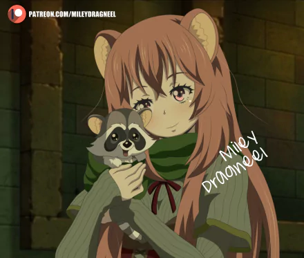 HD PC desktop wallpaper featuring Raphtalia from the anime The Rising of the Shield Hero holding a small raccoon-like creature with a warm, stone background.