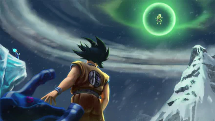 HD desktop wallpaper of Goku from Dragon Ball Super: Broly facing off against Broly, with Vegeta visible. The snowy mountainous background adds dramatic effect to the intense anime scene.