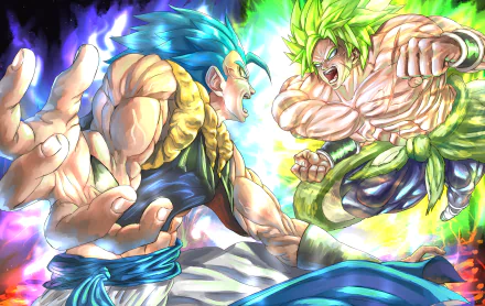 8K Ultra HD anime wallpaper featuring Gogeta and Broly from Dragon Ball Super: Broly in an intense battle scene with vibrant energy effects.