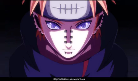 HD PC desktop wallpaper featuring Pain from Naruto anime, showcasing his intense gaze and distinctive facial piercings in a dramatic close-up.