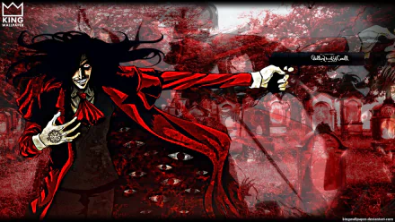 HD PC desktop wallpaper featuring Alucard from Hellsing anime, showcasing his iconic red coat and gun amidst a dark, blood-red background.