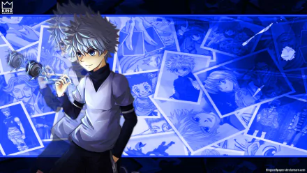 HD desktop wallpaper featuring Killua Zoldyck from the anime Hunter x Hunter, depicted in a dynamic blue collage of various scenes and poses.