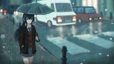 Anime girl holding an umbrella in the rain, standing by a street with blurred cars in the background. HD desktop wallpaper and background.