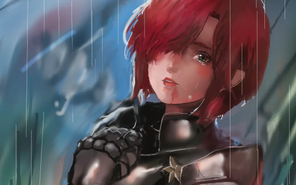 HD PC desktop wallpaper featuring Liz from the anime The Seven Deadly Sins, depicted with red hair and a dark outfit against a rainy, moody background.
