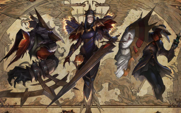 HD desktop wallpaper featuring Singed, Nocturne, and Kayle from the video game League of Legends, set against an intricate, ornate background.