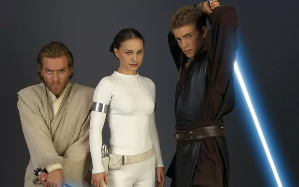 HD desktop wallpaper of Ewan McGregor as Obi-Wan Kenobi, Natalie Portman as Padmé Amidala, and Hayden Christensen as Anakin Skywalker from Star Wars Episode II: Attack of the Clones.