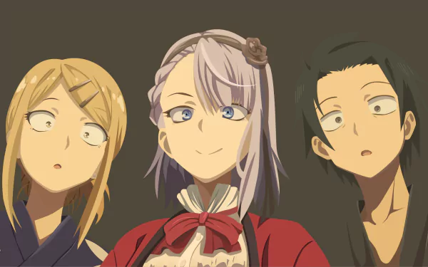 HD anime desktop wallpaper featuring Shidare Hotaru, Shikadai Nara, and Endou Saya from Dagashi Kashi, depicted with distinct expressions against a dark background.
