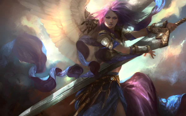 HD fantasy desktop wallpaper of an angel warrior with flowing purple hair wielding a sword, surrounded by glowing wings and ethereal light.