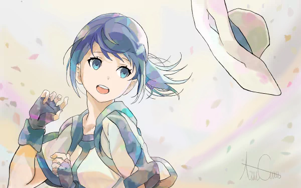 An HD desktop wallpaper featuring Mary from Grimgar of Fantasy and Ash. The anime character is depicted with short blue hair, looking joyful as her hat is blown away by the wind with fluttering petals around.