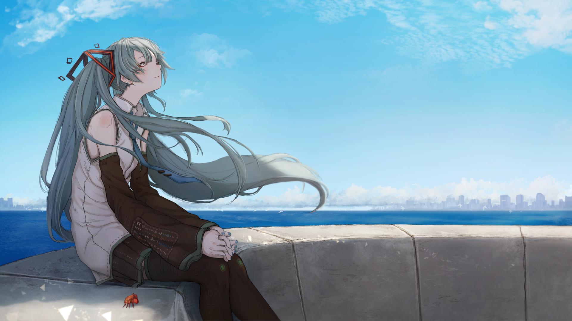 4K Ultra HD anime wallpaper featuring Hatsune Miku from Vocaloid, sitting peacefully on a ledge overlooking a bright blue sky and distant cityscape.