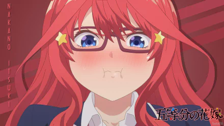 HD PC desktop wallpaper featuring Itsuki Nakano from the anime The Quintessential Quintuplets with a flustered expression and vibrant red hair against a red background.