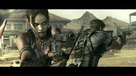 HD desktop wallpaper featuring characters from Resident Evil 5, with an intense action scene set against a dramatic landscape backdrop.