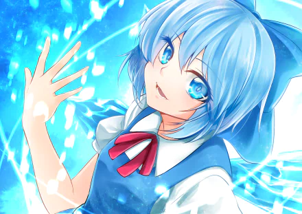 HD anime desktop wallpaper featuring Cirno from Touhou, showcasing her with bright blue eyes and icy effects against a glowing blue background.