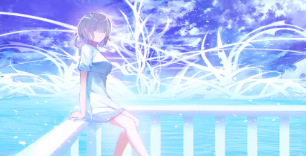 Anime-style HD desktop wallpaper featuring a blonde, short-haired character with blue eyes sitting against a glowing, abstract blue background.