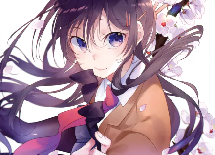 HD desktop wallpaper of Mai Sakurajima from the anime Rascal Does Not Dream of Bunny Girl Senpai. Mai is portrayed smiling with cherry blossoms in the background.