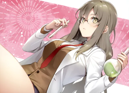 HD desktop wallpaper featuring Rio Futaba from Rascal Does Not Dream of Bunny Girl Senpai, depicted with glasses, holding a pen and flask.