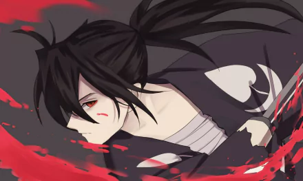 Anime character Hyakkimaru from Dororo, with red eyes, long black hair in a ponytail, surrounded by blood splashes. A dramatic and striking HD desktop wallpaper and background.