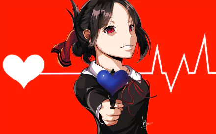 Kaguya Shinomiya from Kaguya-sama: Love is War in a vibrant 4K Ultra HD anime wallpaper, holding a heart-shaped object against a red background with a heartbeat line.