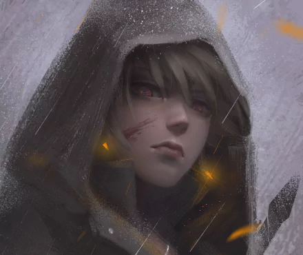 HD PC desktop wallpaper featuring Katsuki Bakugou from My Hero Academia with a moody, rainy atmosphere and intense expression.