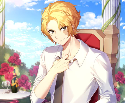 HD anime wallpaper featuring Sabo from One Piece, depicted with a confident smile, blond hair, and a white shirt against a vibrant floral and sky background.