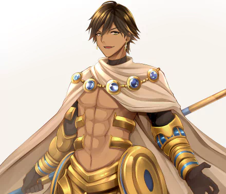 Ozymandias (Fate/Grand Order) anime 2K Quad HD PC desktop wallpaper — confident tan, muscular pharaoh in gold armor, white cloak and staff.