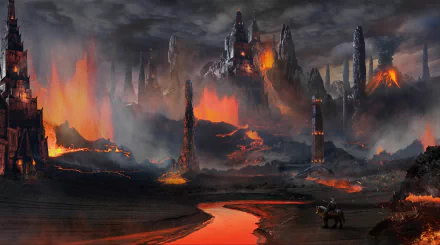 HD PC desktop wallpaper of a fantasy warrior before a burning volcanic fortress, lava rivers cutting through a scorched, smoky battlefield.
