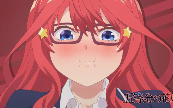 HD PC desktop wallpaper featuring Itsuki Nakano from the anime The Quintessential Quintuplets with a flustered expression and vibrant red hair against a red background.