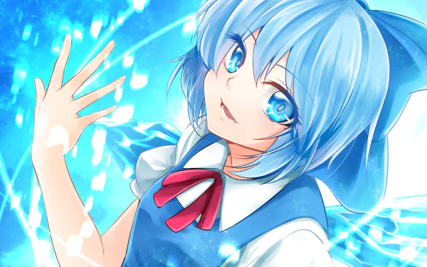 HD anime desktop wallpaper featuring Cirno from Touhou, showcasing her with bright blue eyes and icy effects against a glowing blue background.