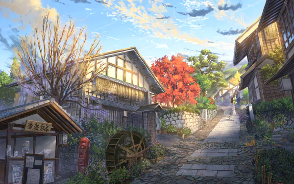 A high-definition desktop wallpaper depicts an anime-style village with traditional wooden houses, a tree with vibrant autumn leaves, and a peaceful, sunlit street.