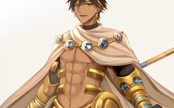 Ozymandias (Fate/Grand Order) anime 2K Quad HD PC desktop wallpaper — confident tan, muscular pharaoh in gold armor, white cloak and staff.