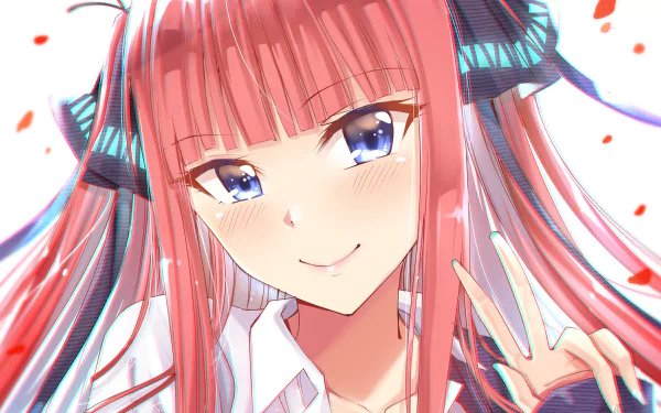 HD desktop wallpaper of Nino Nakano from the anime The Quintessential Quintuplets, featuring her smiling with a peace sign, against a light background with red petals.