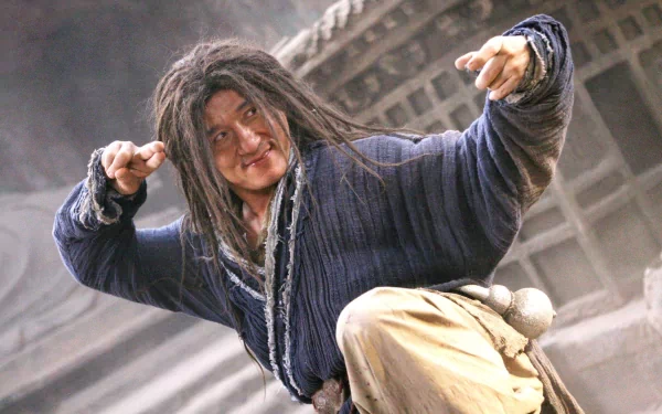 A dynamic scene from the movie The Forbidden Kingdom, showcasing a character in an action pose, set against a dramatic backdrop. This HD image serves as an engaging desktop wallpaper.