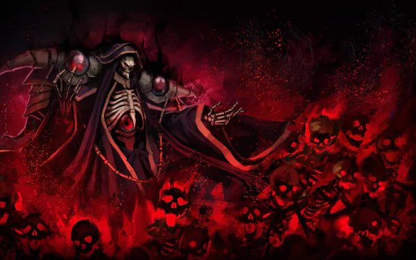 HD desktop wallpaper featuring Ainz Ooal Gown, a character from the anime Overlord, surrounded by red flames and sinister skulls.