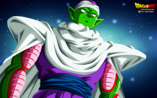 Piccolo (Dragon Ball) from Dragon Ball Z in anime style, standing against a starry blue backdrop wearing his white cape and purple gi — HD PC desktop wallpaper and background.